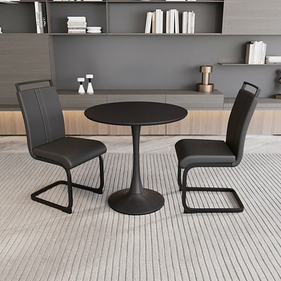 Black circular dining table, 31.5" tulip dining table, kitchen dining table for 2-4 people, Mdf tabletop and base, and 2 black Pu black metal leg