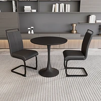 Black circular dining table, 31.5" tulip dining table, kitchen dining table for 2-4 people, Mdf tabletop and base, and 2 black Pu black metal leg