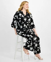 Kasper Plus Size Split Neck Floral Flutter Sleeve Top Straight Leg Pants