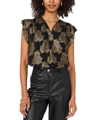 Vince Camuto Women's Metallic-Print V-Neck Flutter-Sleeve Top