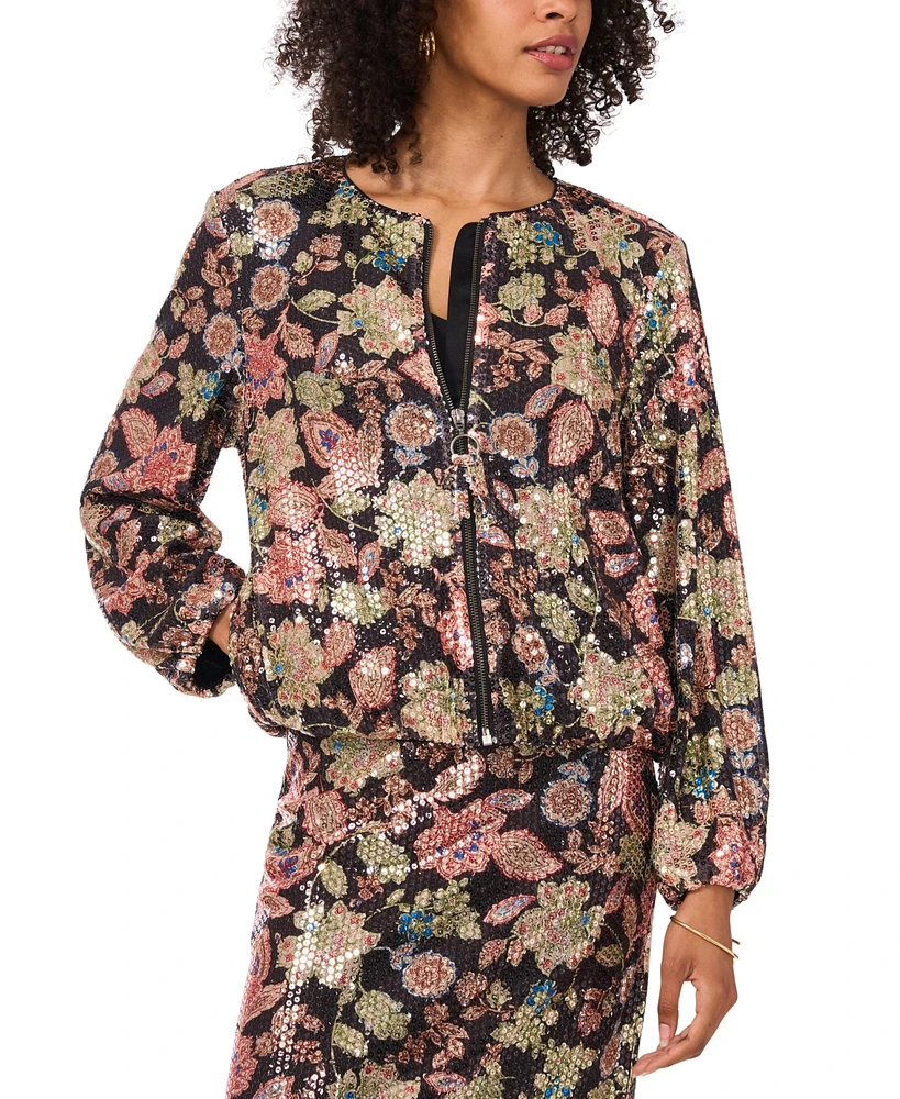 Vince Camuto Women's Floral-Print Sequined Zip Jacket