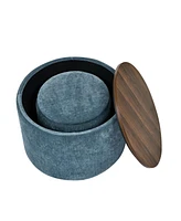 2-Piece Set Round Chenille Storage Ottoman, Equipped with a Drum Shaped Small Stool, Storage Space