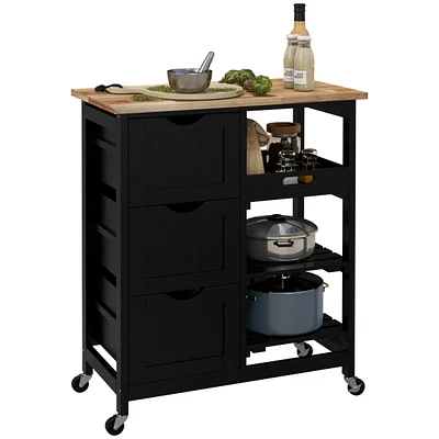 Rolling Kitchen Island Cart, Bar Serving Cart, Compact Trolley on Wheels with Wood Top, Shelves & Drawers for Home Dining Area, Black