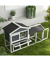 58" Rabbit Hutch, Wooden Bunny Hutch, Guinea Pig Cage, Small Animal Enclosure with Run Area, Removable Tray, Asphalt Roof, Lockable Doors and Ram