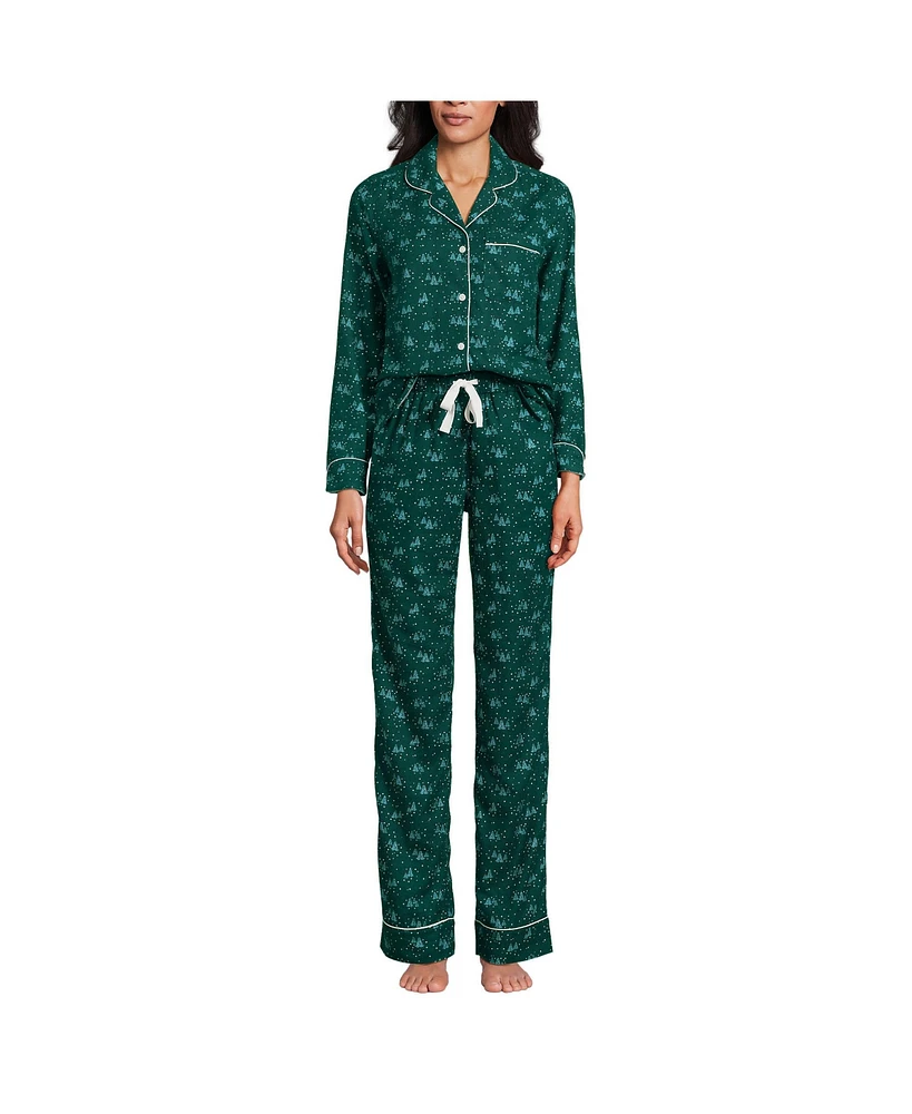 Lands' End Women's Drapey Flannel 4 Piece Pajama Set - Long Sleeve Top and Pants Robe Bag