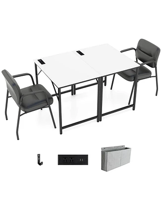 Costway 32" Meeting Room Desk Set of with Charging Station & Headphone Hook Metal Frame