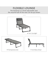 Reclining Chaise Lounge Chair, Portable Sun Lounger, Folding Camping Cot, with Adjustable Backrest and Removable Pillow, for Patio, Garden, Beach, Gre