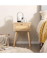 Gymax 2 Pcs Nightstand Bedside Sofa Table with Rattan Drawer for Bedroom & Living Room