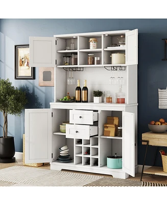 Coffee Bar Cabinet Kitchen Cabinet with Storage, Farmhouse Wine Cabinet with Drawers shelves and cabinets, Buffet Cabinet Wine & Glass Racks for Dinin