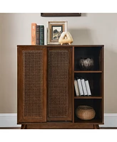 Mid Century Modern Rattan Sideboard Cabinet, Buffet Cabinet for Entryway Hallway Living Room Kitchen Dining Room Bedroom, Adjustable Shelf & Solid Woo