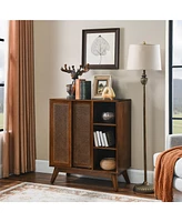 Mid Century Modern Rattan Sideboard Cabinet, Buffet Cabinet for Entryway Hallway Living Room Kitchen Dining Room Bedroom, Adjustable Shelf & Solid Woo
