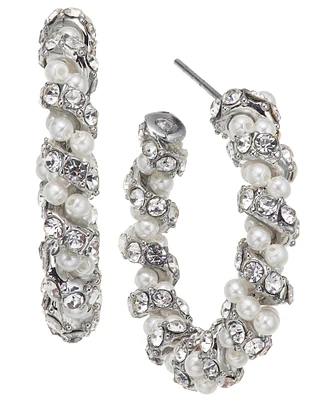 Charter Club Silver-Tone Medium Pave & Imitation Pearl Open Hoop Earrings, 1.12", Created for Macy's