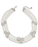 Charter Club Silver-Tone Pave & Imitation Pearl Cluster Triple-Row Collar Necklace, 17" + 2" extender, Exclusively at Macy's