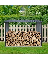 Outdoor Steel Firewood Rack, Open Wood Shed with Sloped Roof for Firewood, Pellet, or Lumber Storage, Black
