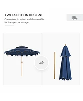 9' Patio Umbrella with Push Button Tilt and Crank, Double Top Ruffled Outdoor Market Table Umbrella with 8 Ribs, for Garden, Deck, Pool, Dark Blue