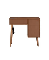 39" Retro Bohemian Style Wooden Makeup Vanity Set with Charging Plug&Usb Port and Stool, Dressing Table with 3 Storage Drawers and 1 Rectangular