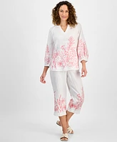 Charter Club Petite Embroidered Linen 3/4-Sleeve Top, Exclusively at Macy's