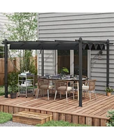 Simplie Fun 10' x 12' Retractable Pergola Canopy, Wood Grain Aluminum Pergola, Outdoor Sun Shade Shelter for Grill, Garden, Patio, Backyard, Deck, Gra