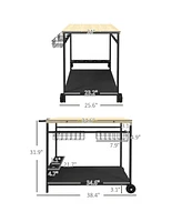 Simplie Fun Outdoor Bar Cart, Patio Rolling Serving Cart with Wheels, Side Handle, 2 Baskets, 4 Wine Holders for Garden, Dining Room, Natural