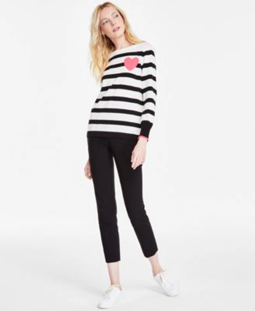 Jones New York Womens Striped Heart Boat Neck Sweater Stretch Twill Cropped Pull On Pants