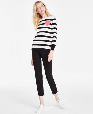 Jones New York Womens Striped Heart Boat Neck Sweater Stretch Twill Cropped Pull On Pants