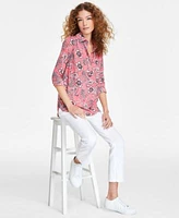 Jones New York Womens Printed Half Placket Tunic Blouse Mid Rise Cropped Kick Flare Jeans