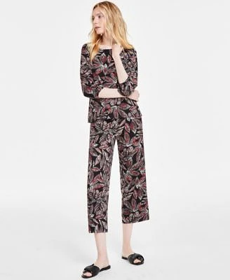 Jones New York Womens Printed Moss Crepe Button Shoulder Top Wide Leg Pull On Pants