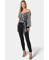 Bebe Women's Printed Mesh Off Shoulder Catsuit