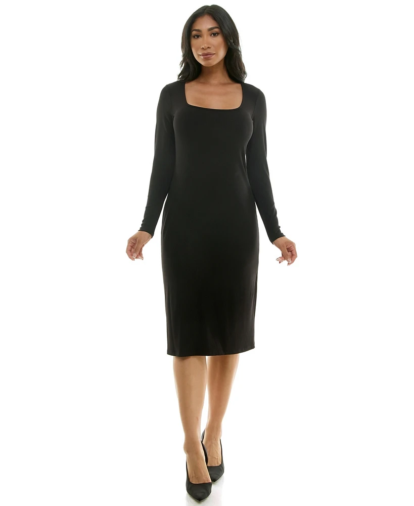 Bebe Women's Long Sleeve Square Neck Rib Midi Dress