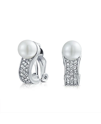 Bling Jewelry Crystal Pearl Huggie Clip-On Earrings Non-Pierced Ears Silver Plated