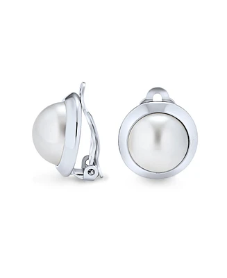 Bling Jewelry Simple Button Style Round Dome Bezel Pearl Clip-On Earrings Silver Plated Brass
