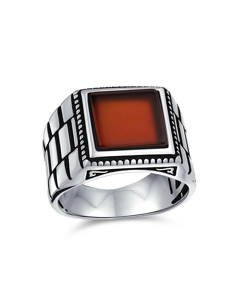 Bling Jewelry Watch Band Style Natural Red Agate Statement Rectangle Signet Ring Silver