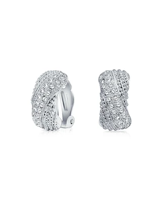 Bling Jewelry Criss Cross Twisted Pave Dome Hoop Clip On Earrings Silver Plated