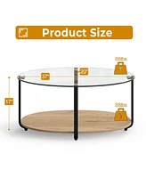 Gymax Glass-Top Coffee Table 2-Tier Modern Oval Side Sofa Table w/ Storage Shelf