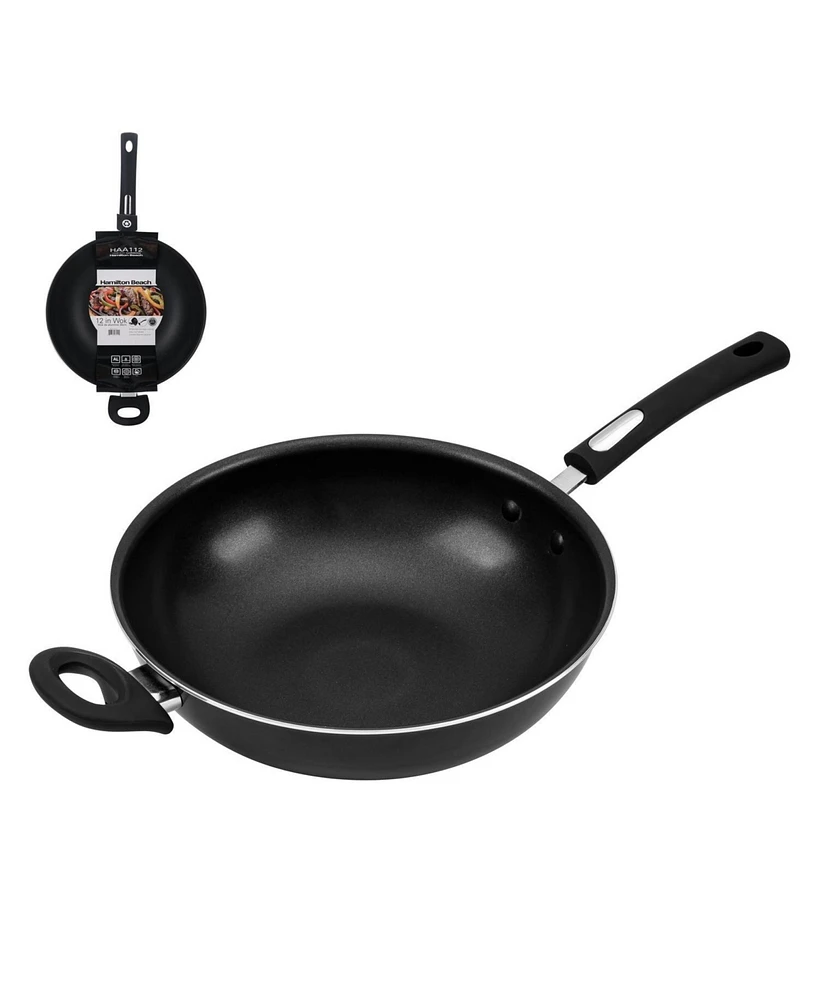 Hamilton Beach Nonstick Wok Pan 12-Inch - Black Aluminum Wok Pan with Soft Touch Bakelite Handle - Flared Edge