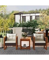 3 Pieces Patio Bistro Set Wooden with Cushions, Pe Wicker Patio Furniture Outdoor for Porch, Backyard, Garden, Brown