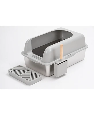 Enclosed Stainless Steel Cat Litter Box with Lid Extra Large, Litter Box for Big Cats Xl Metal Litter Pan Tray with High Wall Sides Enclosure, Non-Sti