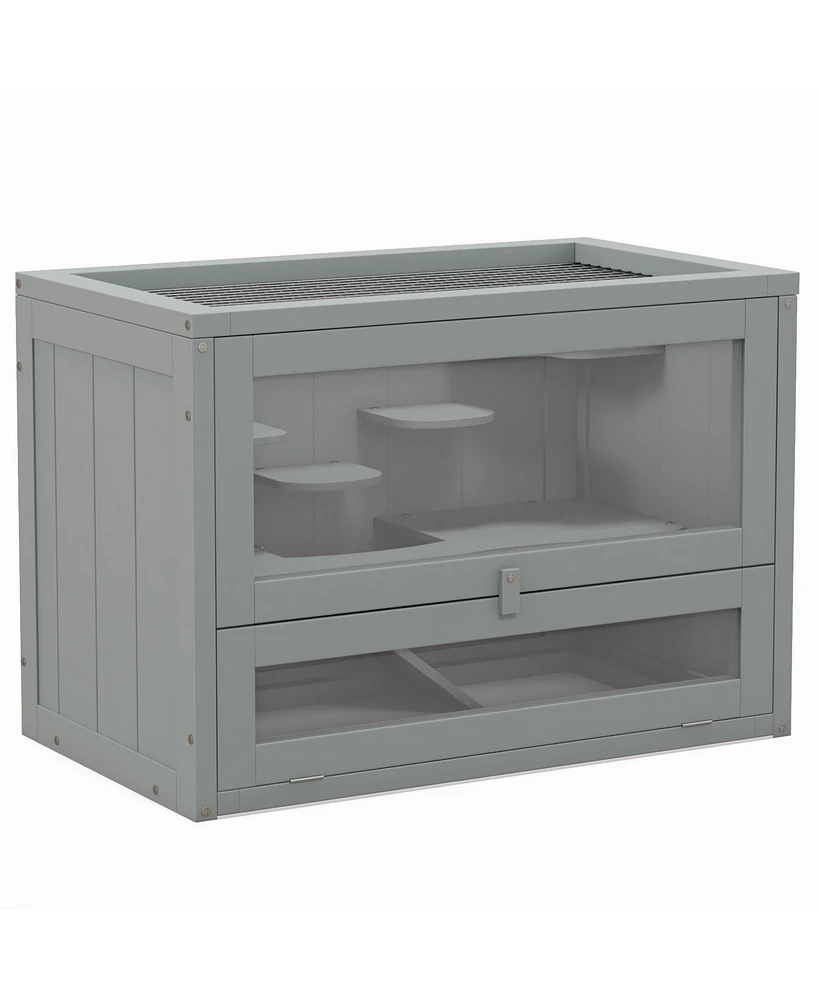 2-Level Hamster Cage Mice and Rat House, Small Animal Habitat for Guinea Pigs, Chinchillas with Openable Top, Front Door, Shelf and Ladder, Gray