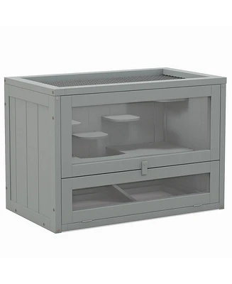 2-Level Hamster Cage Mice and Rat House, Small Animal Habitat for Guinea Pigs, Chinchillas with Openable Top, Front Door, Shelf and Ladder, Gray
