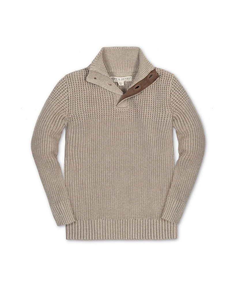 Hope & Henry Boys Organic Long Sleeve Mock Neck Mix Stitch Button Sweater with Elbow Patches