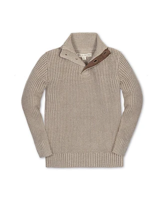 Hope & Henry Boys Organic Long Sleeve Mock Neck Mix Stitch Button Sweater with Elbow Patches