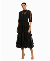 Mac Duggal Women's High Neck Puff Sleeve Ruffle Tiered Dress