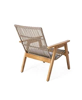 Set Of 2, Acacia Wood Cape Woven Wicker Large Lounge Chair With Pillow For Patio, Deck, Yard, Lawn And Garden Seating, Teak Finish+Natural Wicker+Ligh