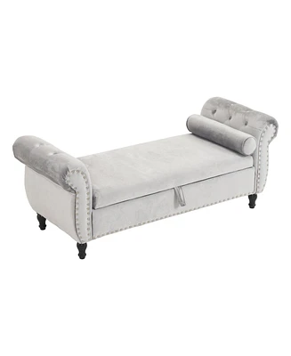 Velvet Multifunctional Storage Rectangular ottoman bench with 1 Pillow, Beige