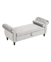 Velvet Multifunctional Storage Rectangular ottoman bench with 1 Pillow, Beige