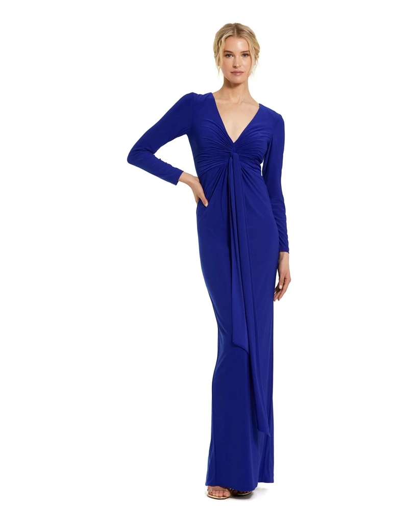 Mac Duggal Women's Long Sleeve Jersey V Neck Twist Knot Gown