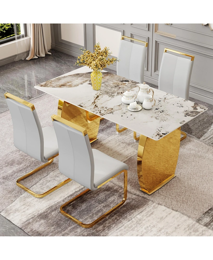 Simplie Fun Table and chair set, rock plate table top, gold metal table legs, stable and beautiful