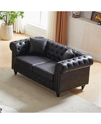 63.5" Contemporary Design chesterfield sofa, Tech Fabric Button Design Living Room Sectional, Button Tufted with Nail Design Arms with 2 Pillows,