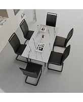An expandable dining table set for 2-6 people, equipped with a C-shaped tubular cushioned armless dining chair and an elegant and spacious dining tabl