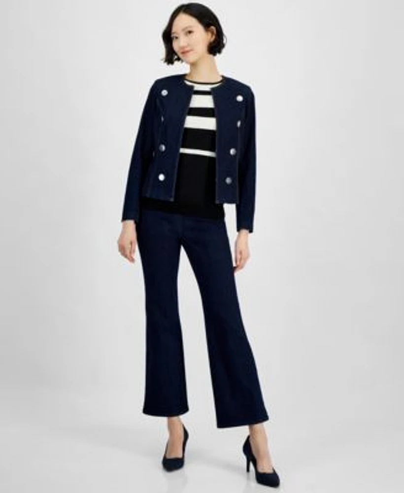 Anne Klein Womens Kiss Front Long Sleeve Denim Jacket Striped Crewneck Long Sleeve Sweater Pull On High Rise Flare Leg Jeans